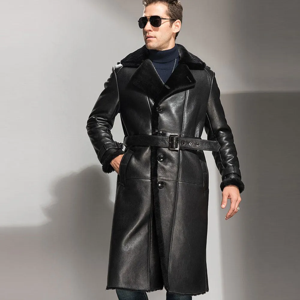 Men's Sheepskin Shearling Coat Black Leather Jacket Long coat