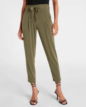 Mid Rise Sash Tie Paperbag Ankle Pant in Olive Green