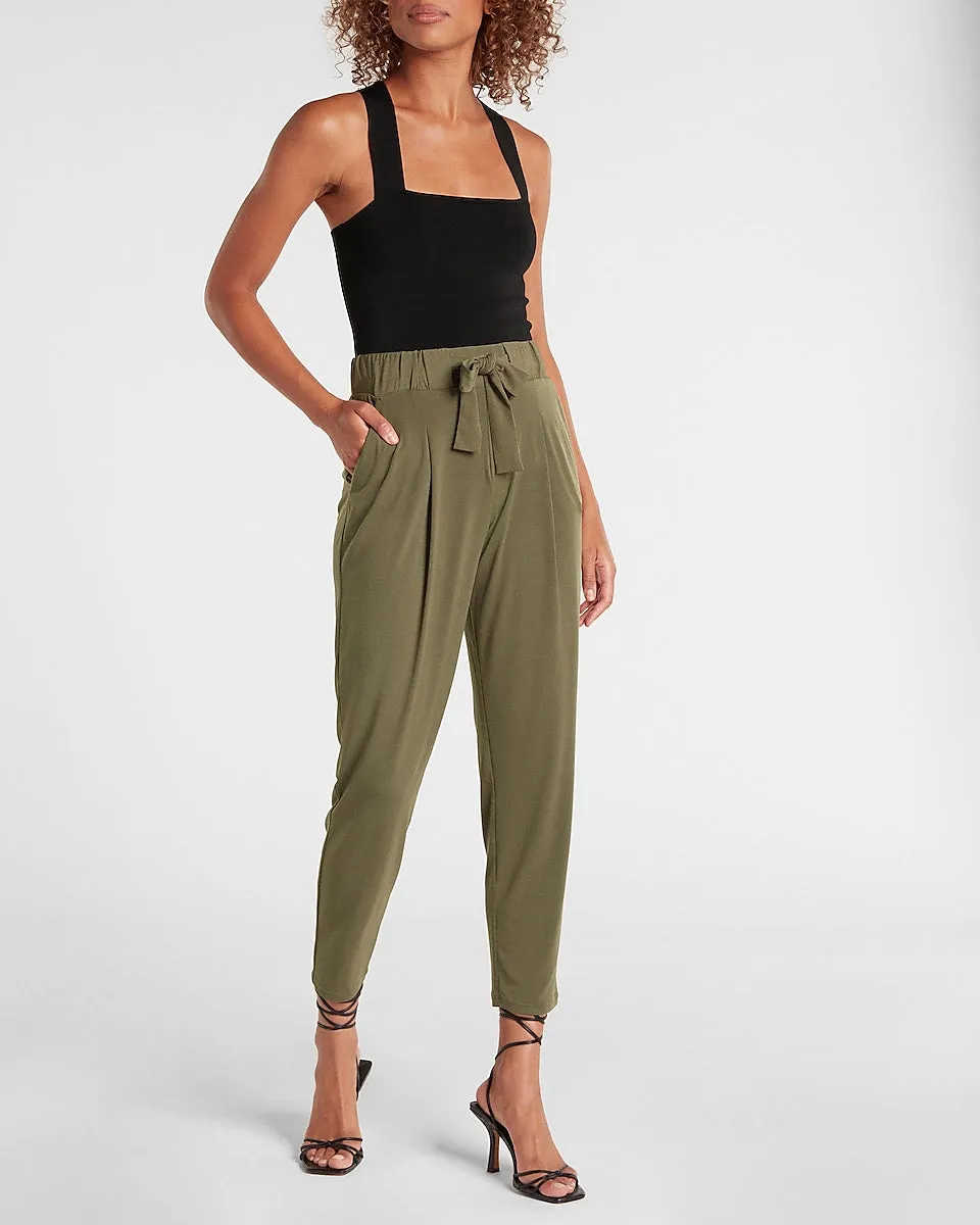 Mid Rise Sash Tie Paperbag Ankle Pant in Olive Green