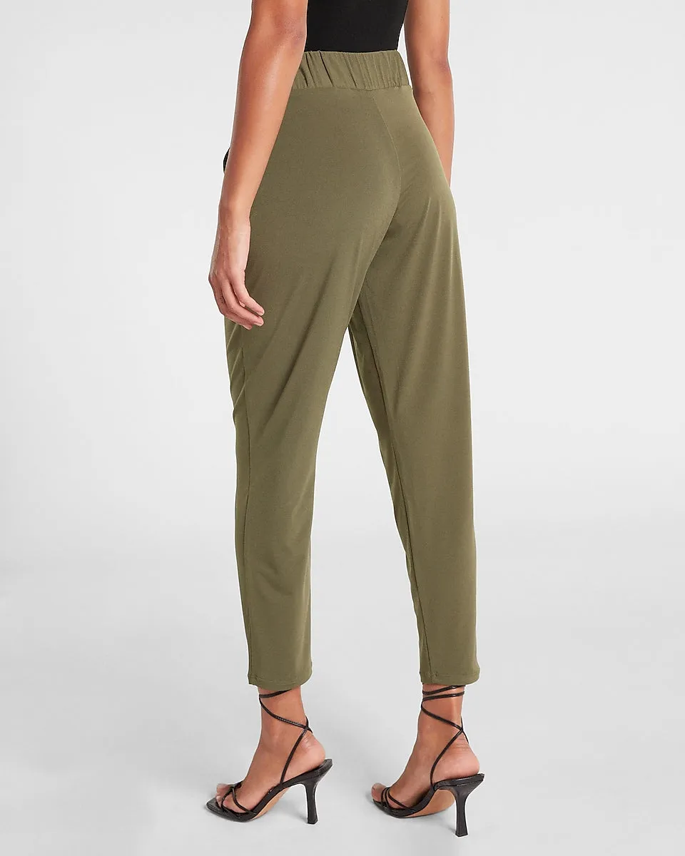 Mid Rise Sash Tie Paperbag Ankle Pant in Olive Green