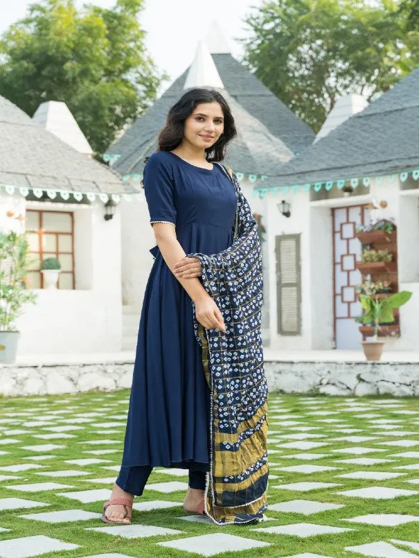 Midnight Blue Rayon Flared Kurta Set With Bandhej Dupatta (Set of 3)