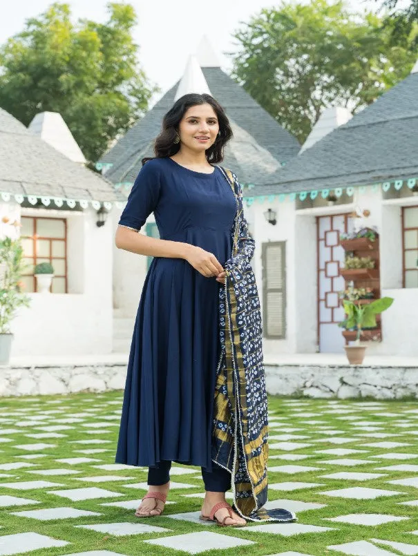 Midnight Blue Rayon Flared Kurta Set With Bandhej Dupatta (Set of 3)