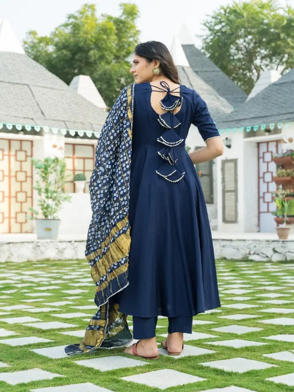 Midnight Blue Rayon Flared Kurta Set With Bandhej Dupatta (Set of 3)