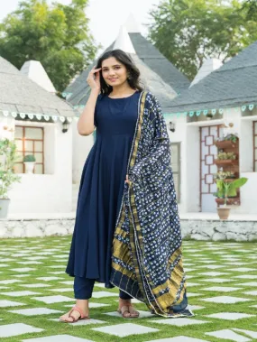 Midnight Blue Rayon Flared Kurta Set With Bandhej Dupatta (Set of 3)