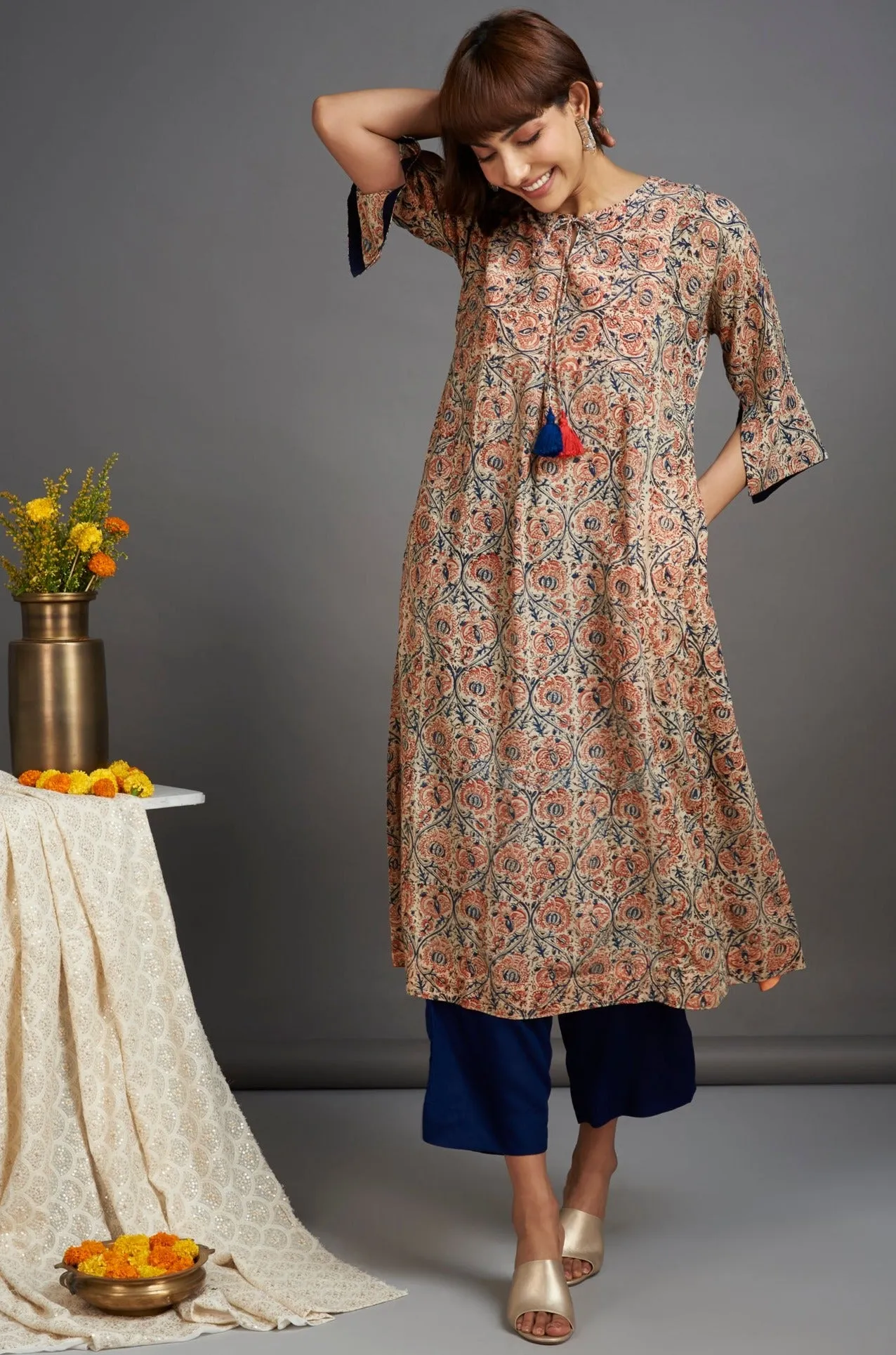 modal kalidar kurta with dori - peach bellini & cinder rose