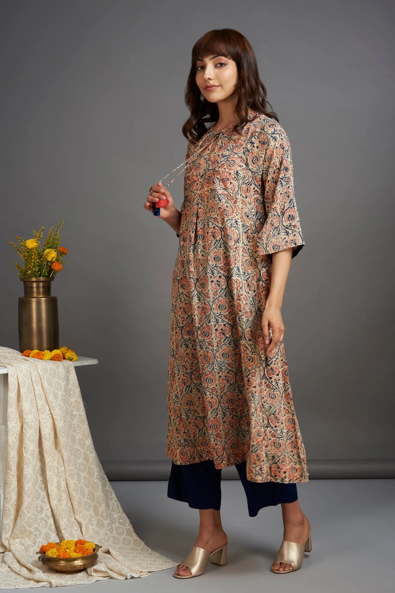 modal kalidar kurta with dori - peach bellini & cinder rose