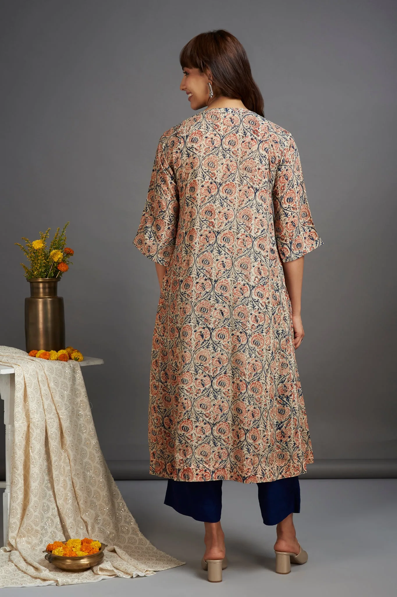 modal kalidar kurta with dori - peach bellini & cinder rose