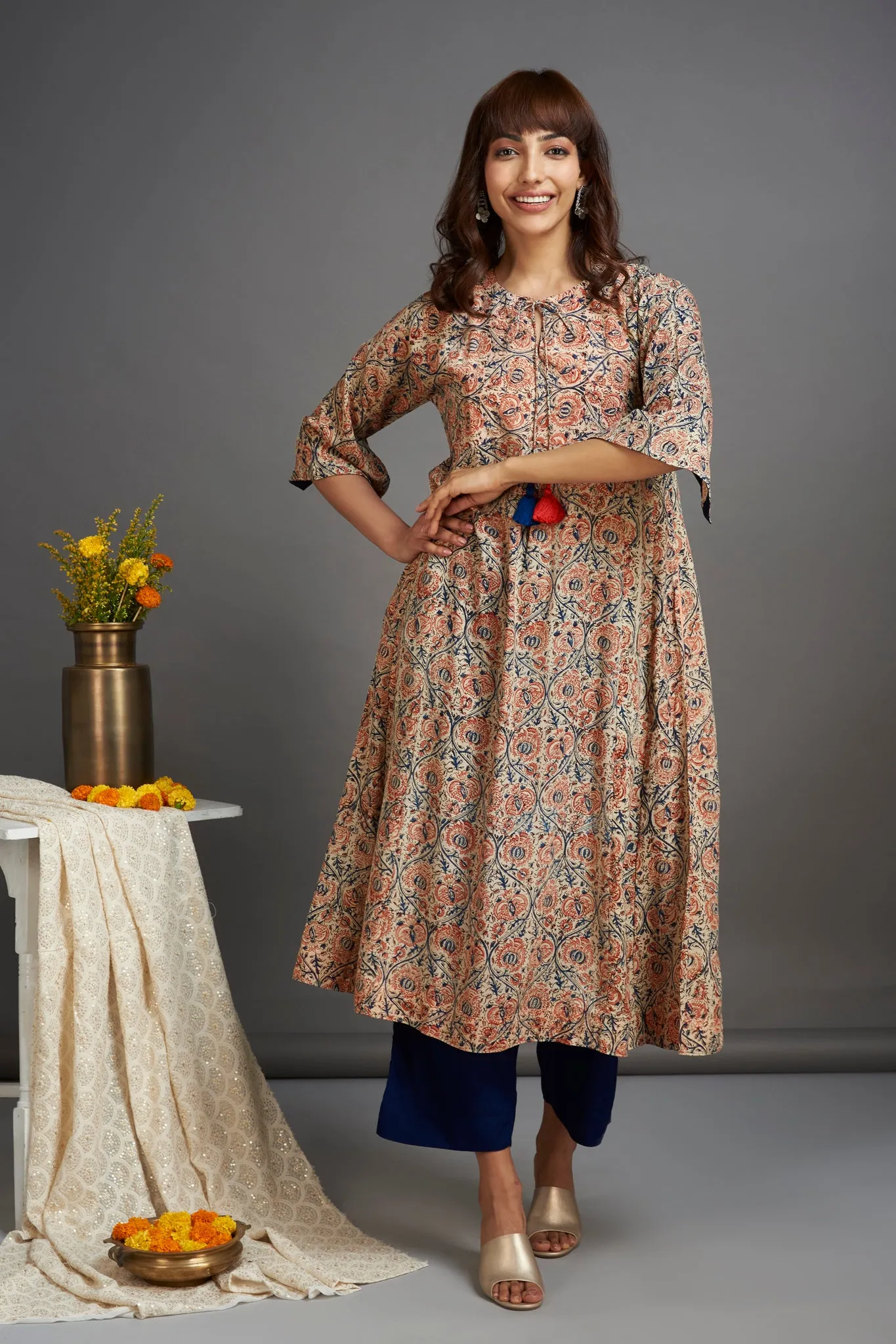 modal kalidar kurta with dori - peach bellini & cinder rose