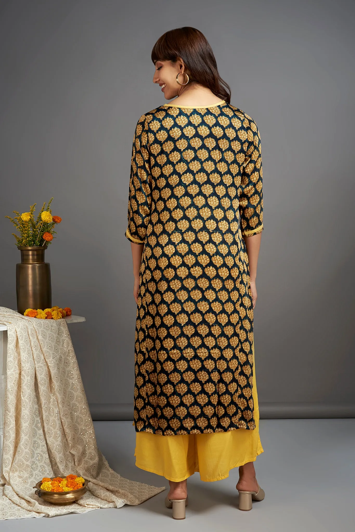 modal silk long kurta with slit - scintillating gold & sprouting leaves