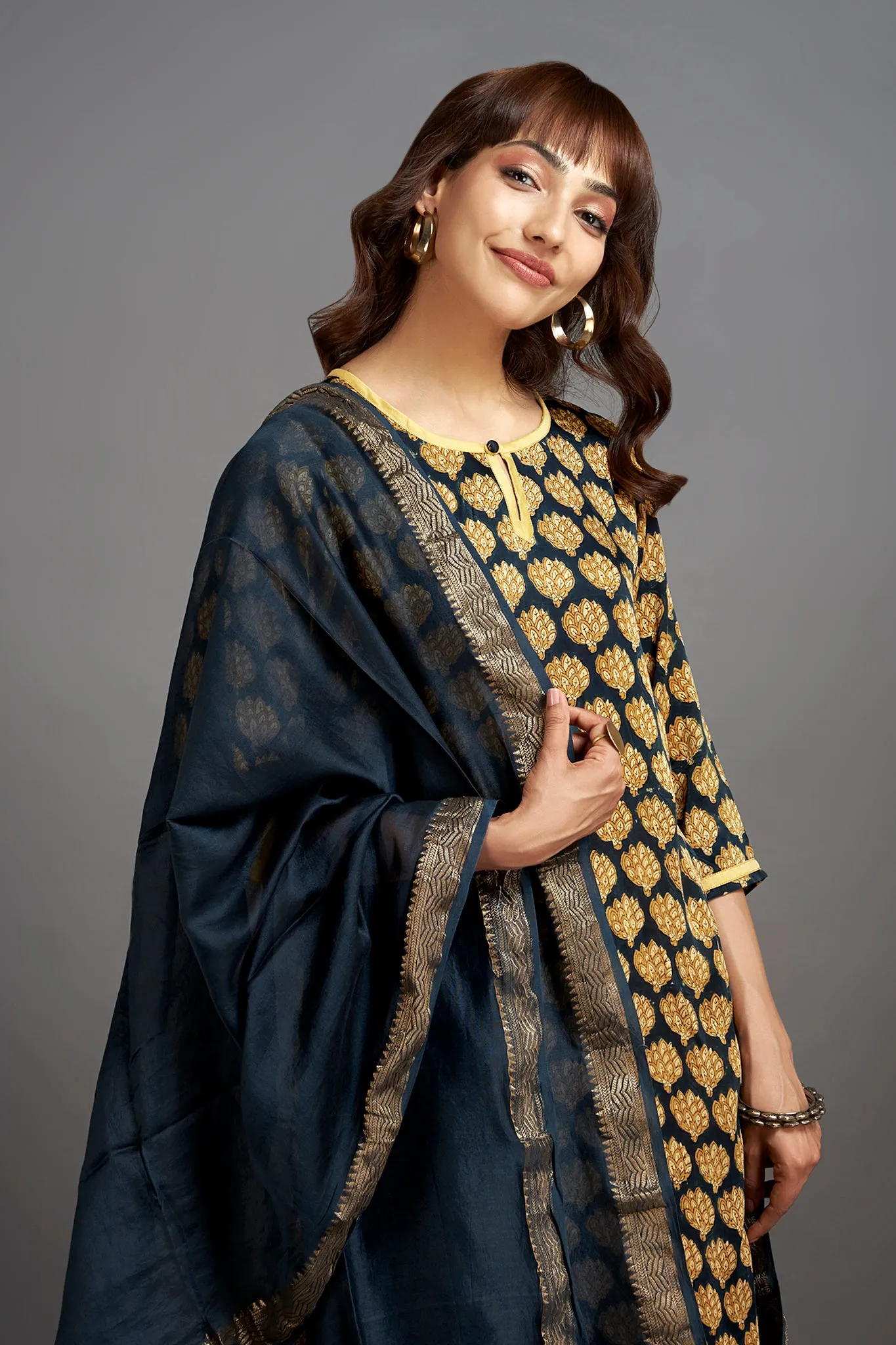 modal silk long kurta with slit - scintillating gold & sprouting leaves