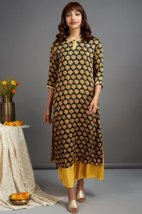 modal silk long kurta with slit - scintillating gold & sprouting leaves