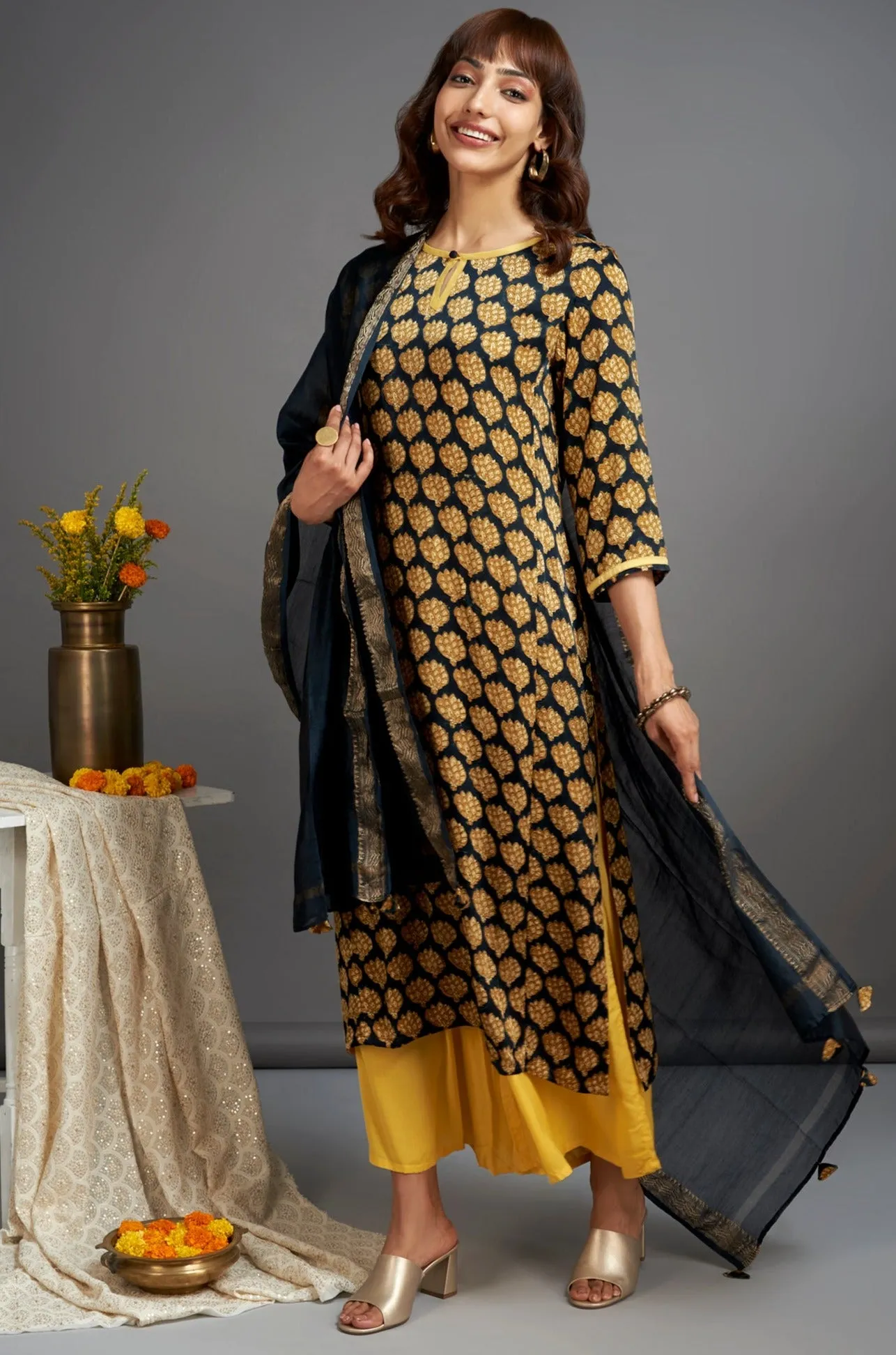 modal silk long kurta with slit - scintillating gold & sprouting leaves