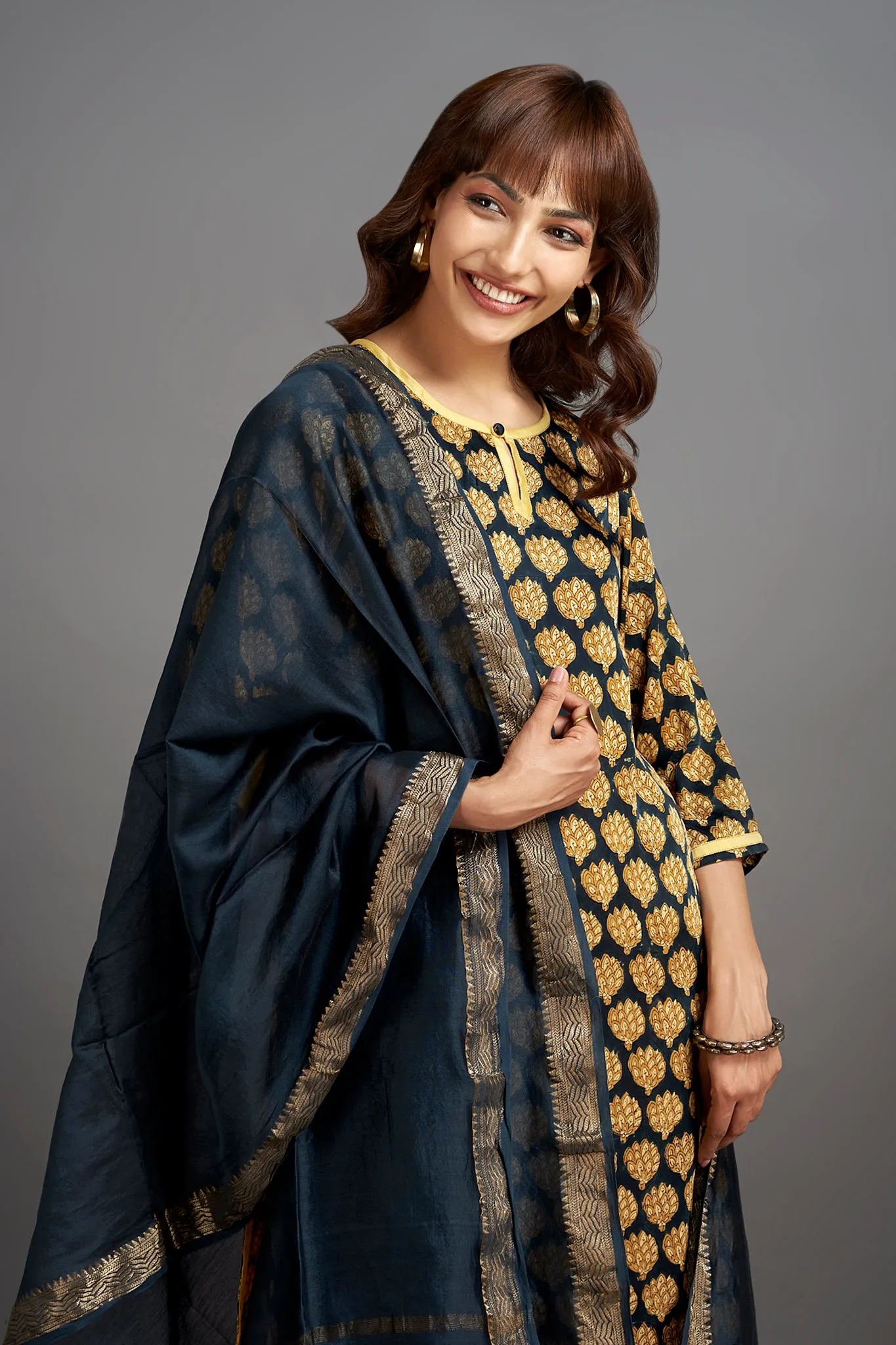 modal silk long kurta with slit - scintillating gold & sprouting leaves