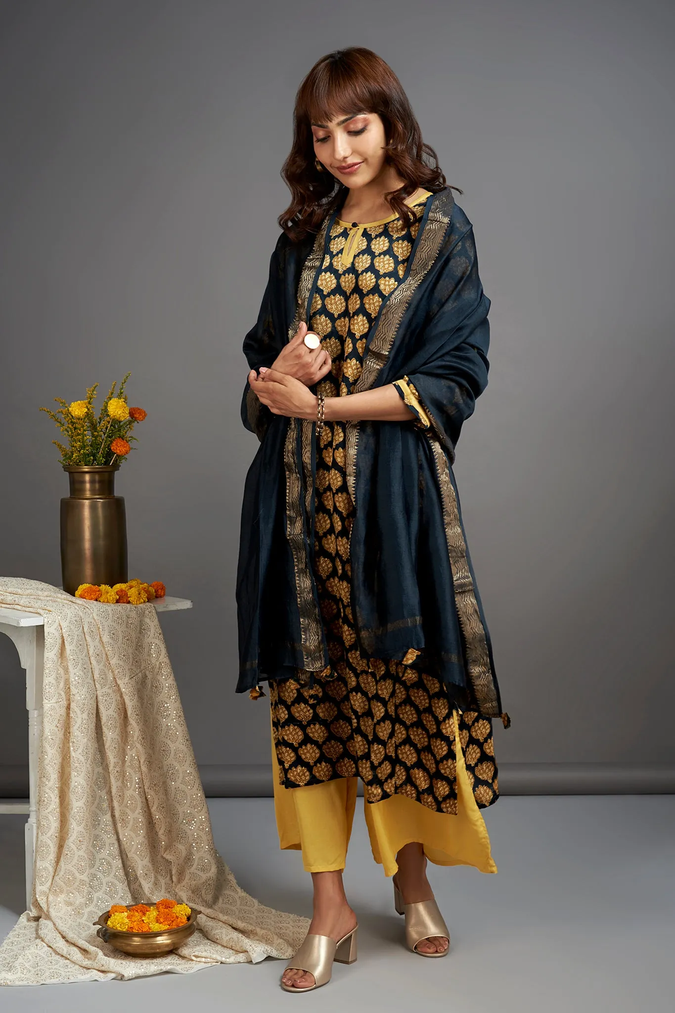 modal silk long kurta with slit - scintillating gold & sprouting leaves