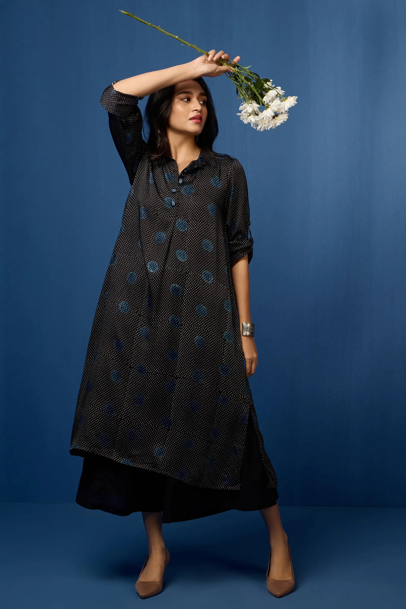 modal silk long shirt dress - midnight cascade & polka dots