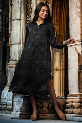 modal silk long shirt dress - midnight cascade & polka dots