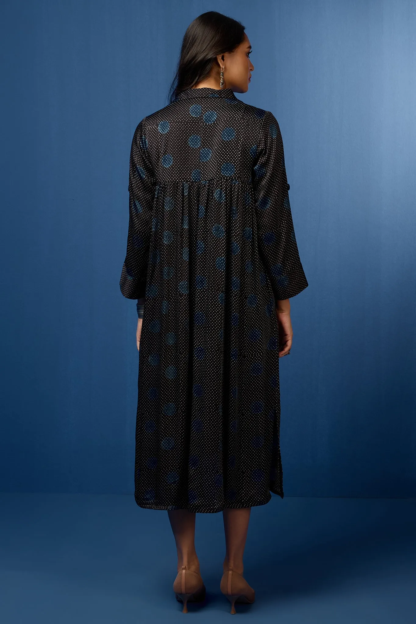 modal silk long shirt dress - midnight cascade & polka dots