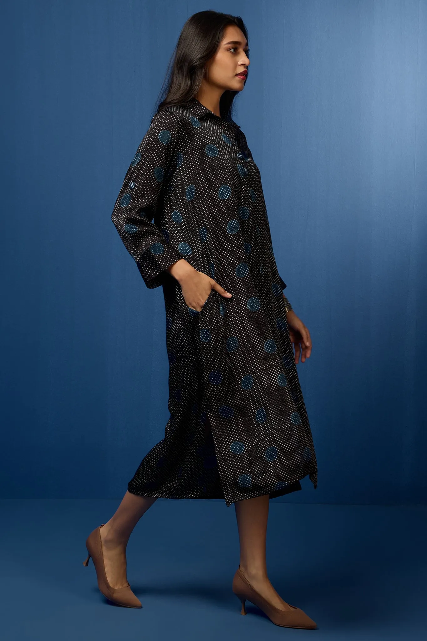 modal silk long shirt dress - midnight cascade & polka dots