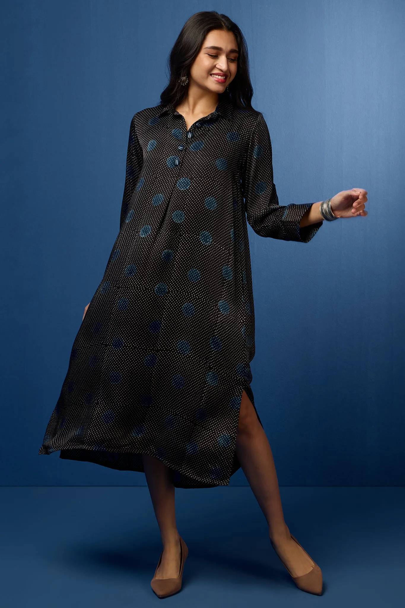 modal silk long shirt dress - midnight cascade & polka dots