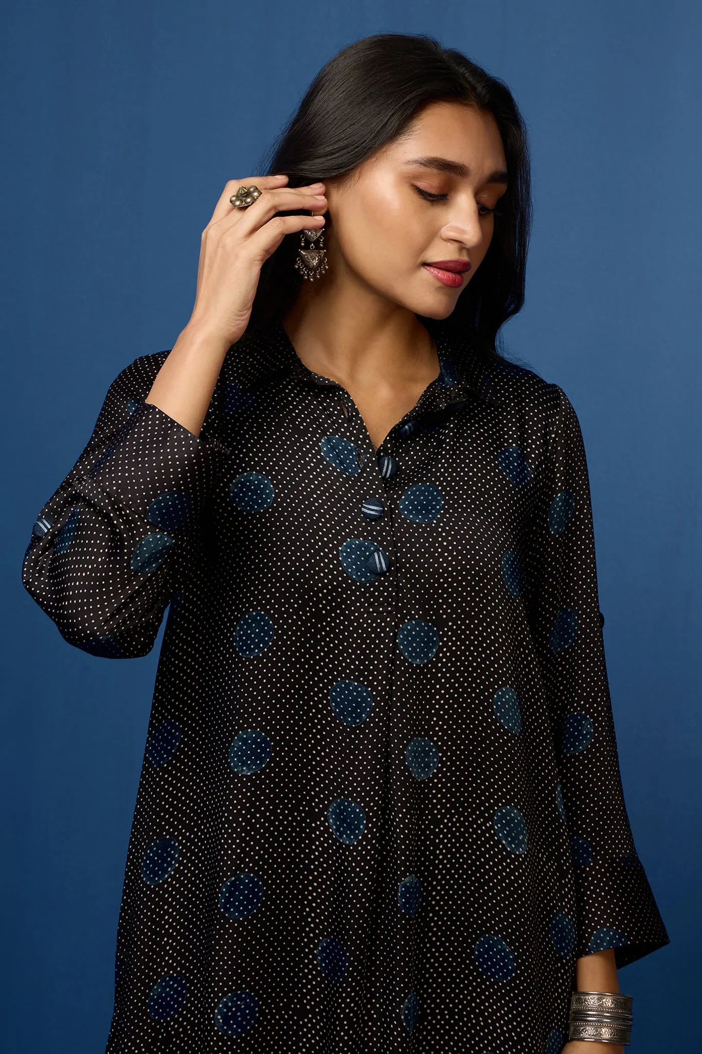 modal silk long shirt dress - midnight cascade & polka dots