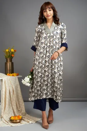 modal silk v-neck kurta with side slit - eucalyptus wreath & october mist