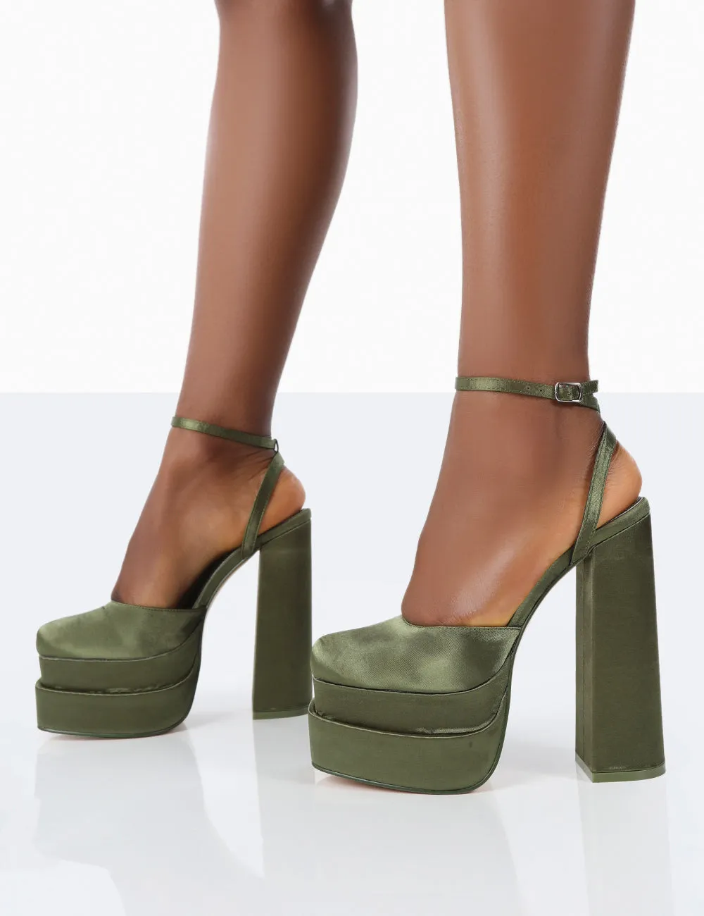 Moonchild Olive Satin Closed Toe Statement Platform Block Heels