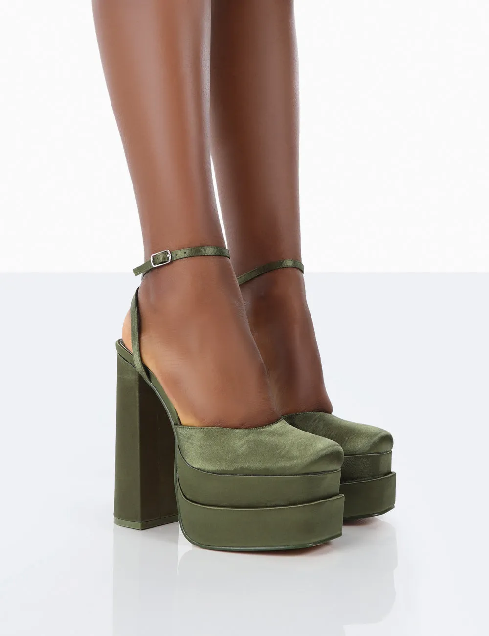 Moonchild Olive Satin Closed Toe Statement Platform Block Heels