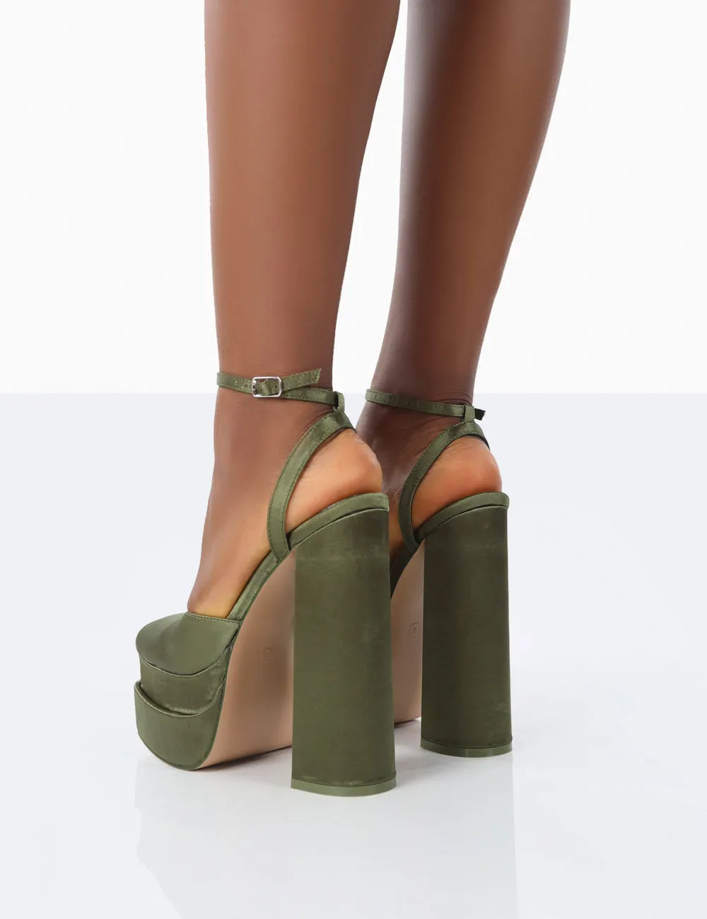 Moonchild Olive Satin Closed Toe Statement Platform Block Heels