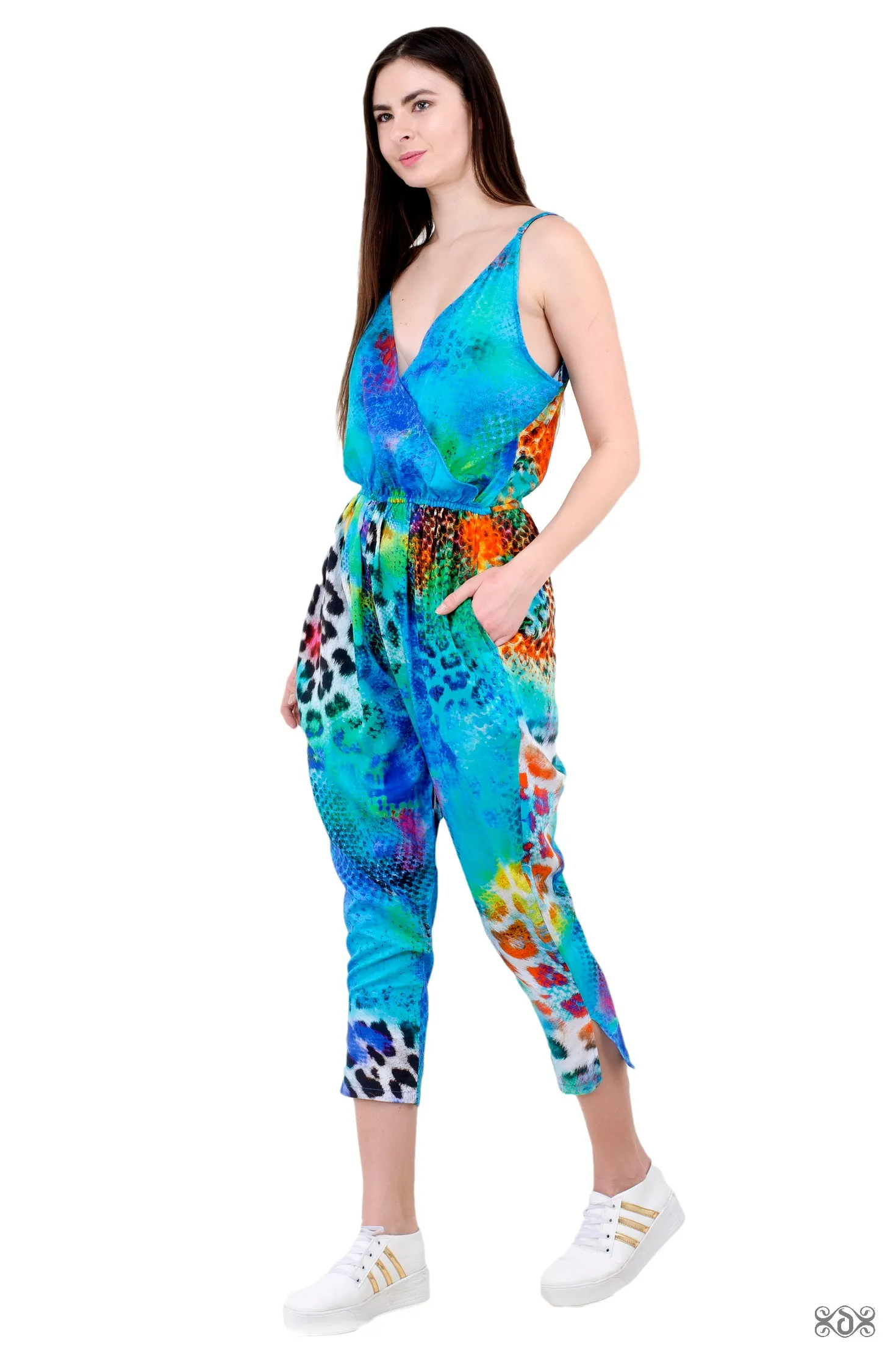 NATURE MORTE Leopard Turquoise Devarshy Elastic Waist Cotton Jumpsuit - 0013