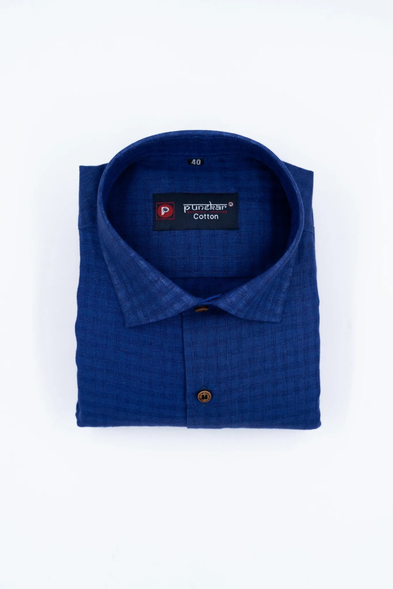 Navy Blue Color Cotton Self Woven Checks Handmade Shirts For Men's