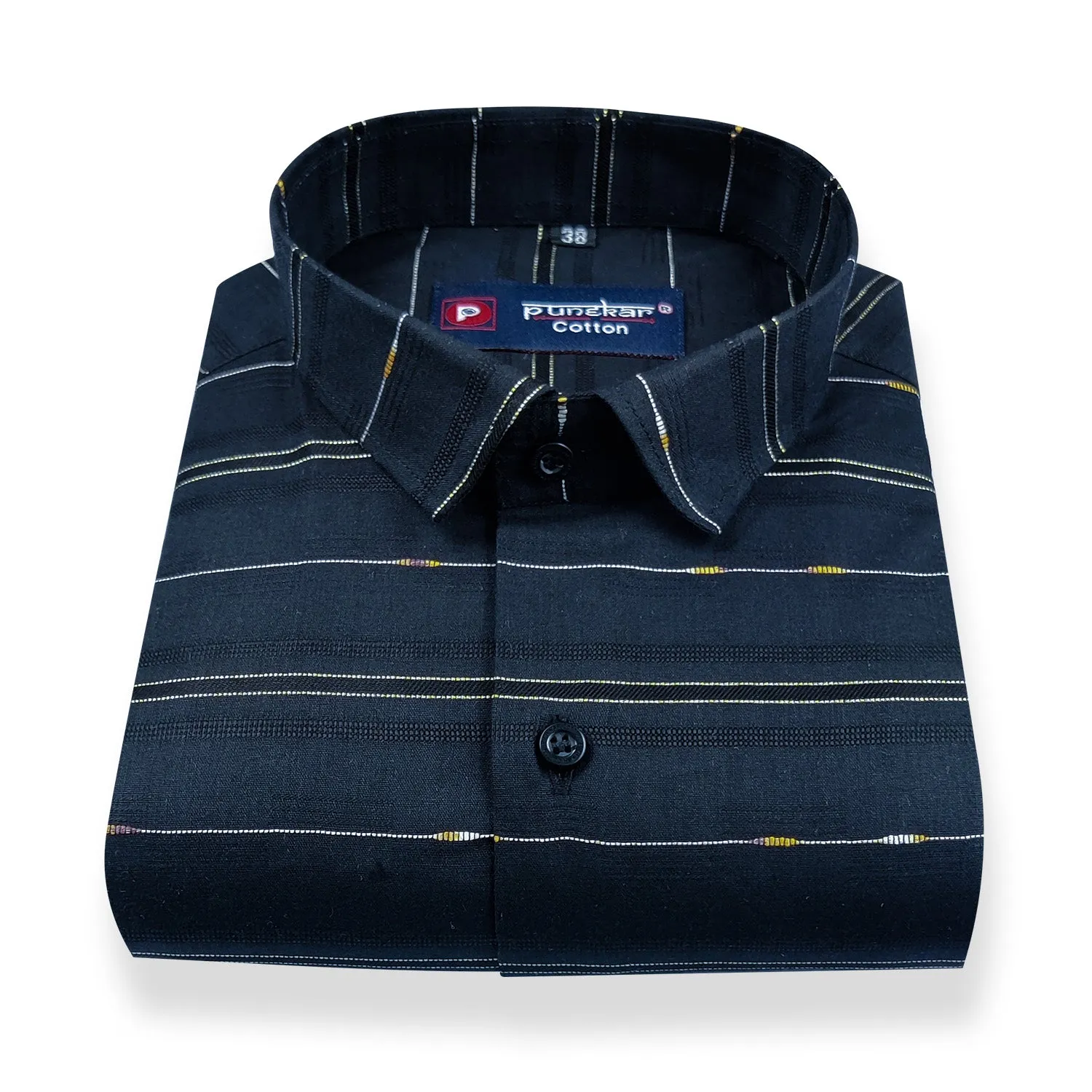 Navy Blue Color Pure Cotton Panelled Butta Stripes Shirts For Men's