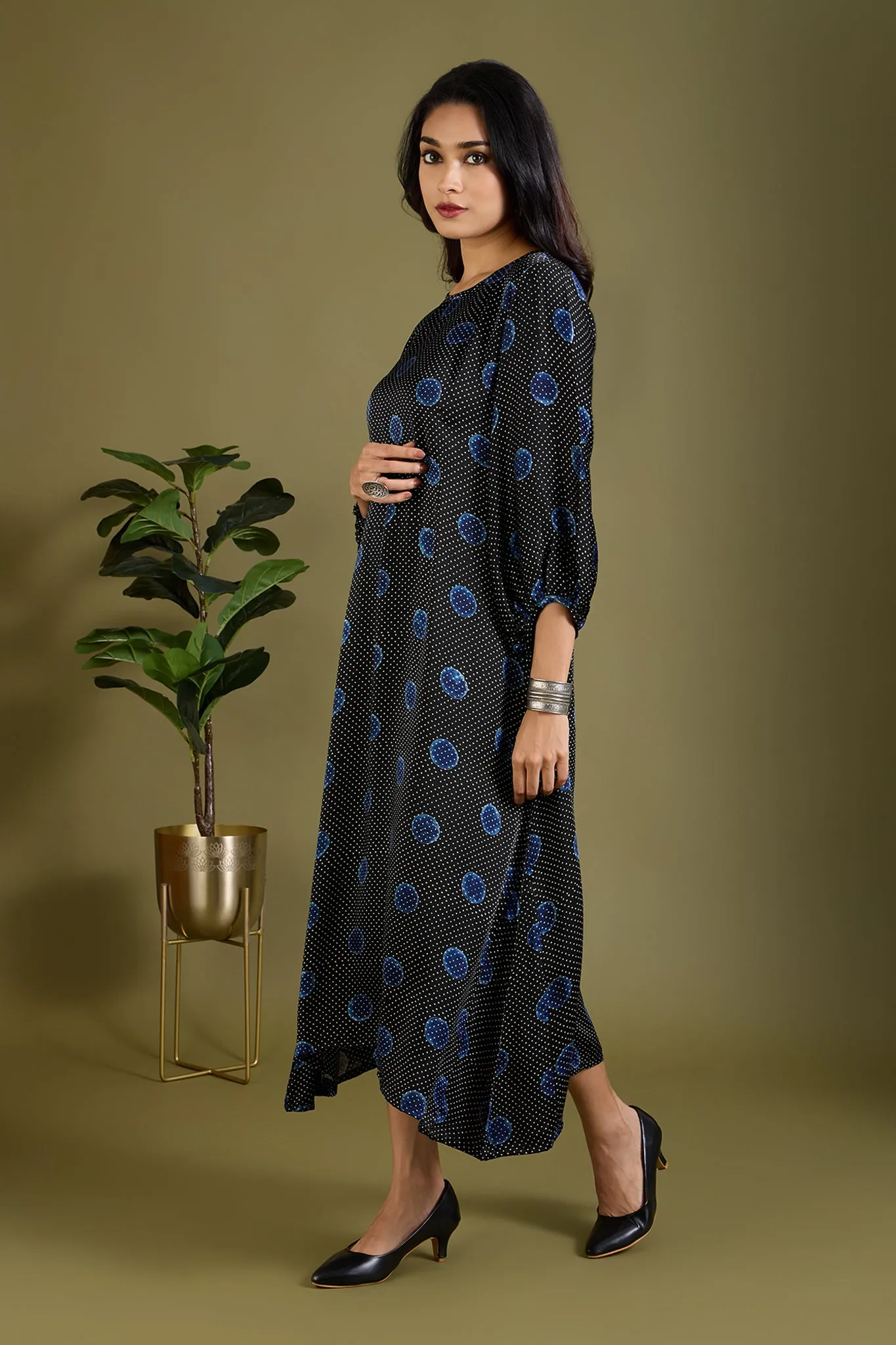 Noir Indigo Dots Luxe Ajrakh Peasant Sleeve Silk Dress