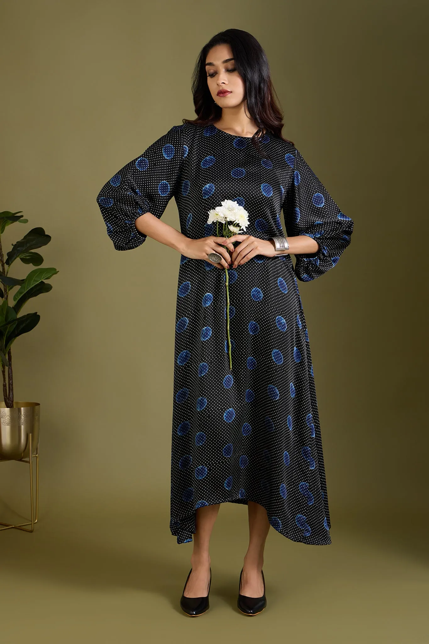 Noir Indigo Dots Luxe Ajrakh Peasant Sleeve Silk Dress