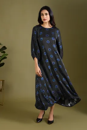 Noir Indigo Dots Luxe Ajrakh Peasant Sleeve Silk Dress