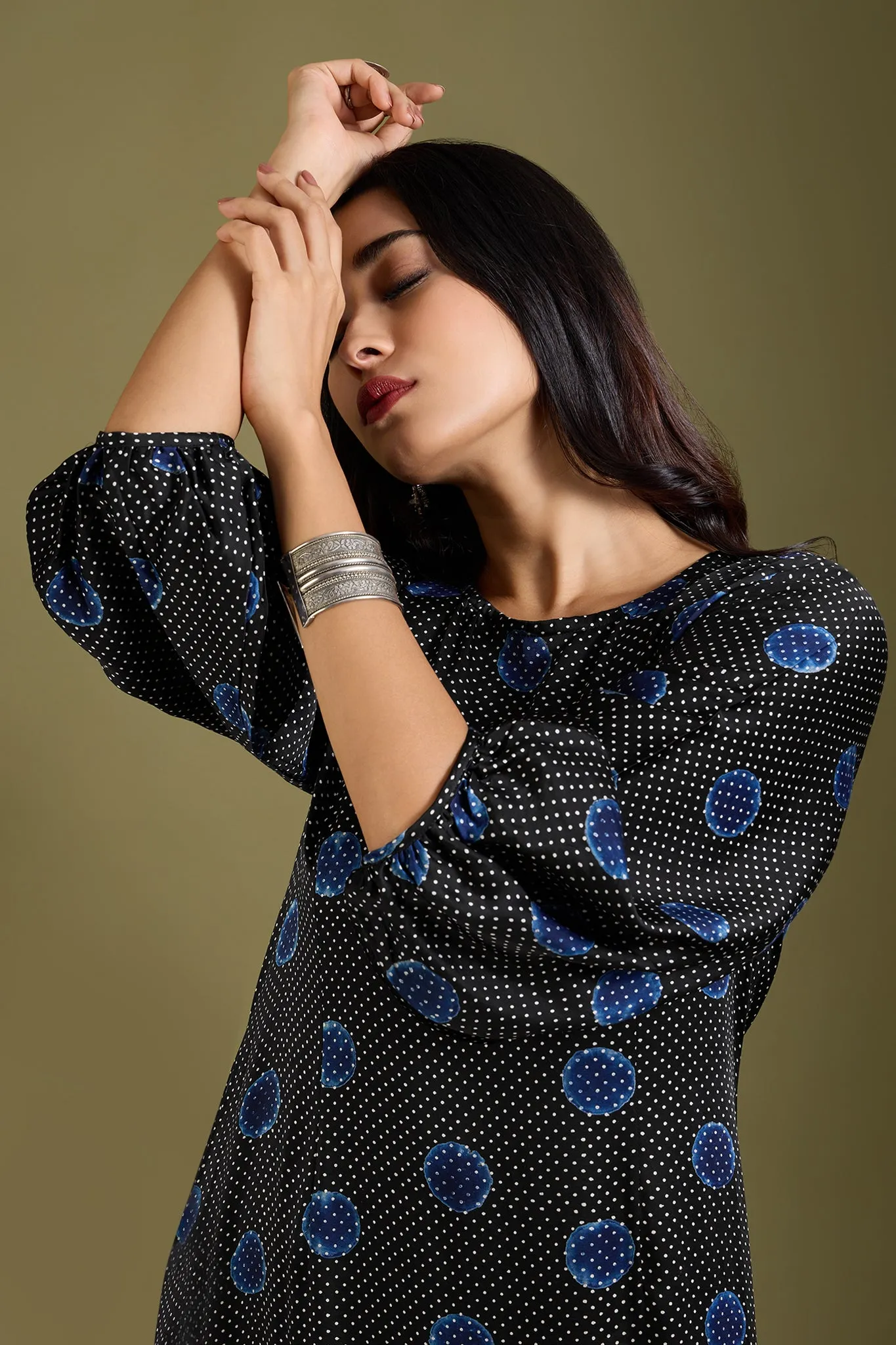 Noir Indigo Dots Luxe Ajrakh Peasant Sleeve Silk Dress