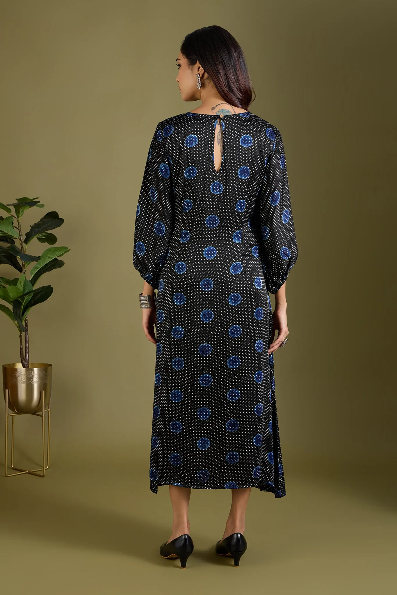 Noir Indigo Dots Luxe Ajrakh Peasant Sleeve Silk Dress