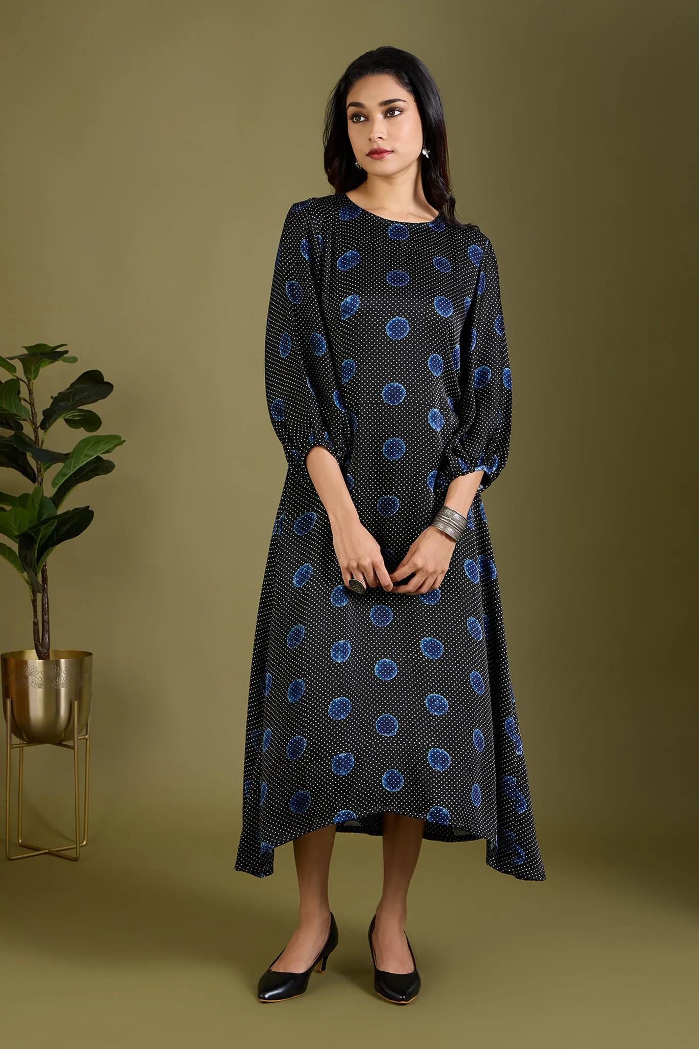 Noir Indigo Dots Luxe Ajrakh Peasant Sleeve Silk Dress