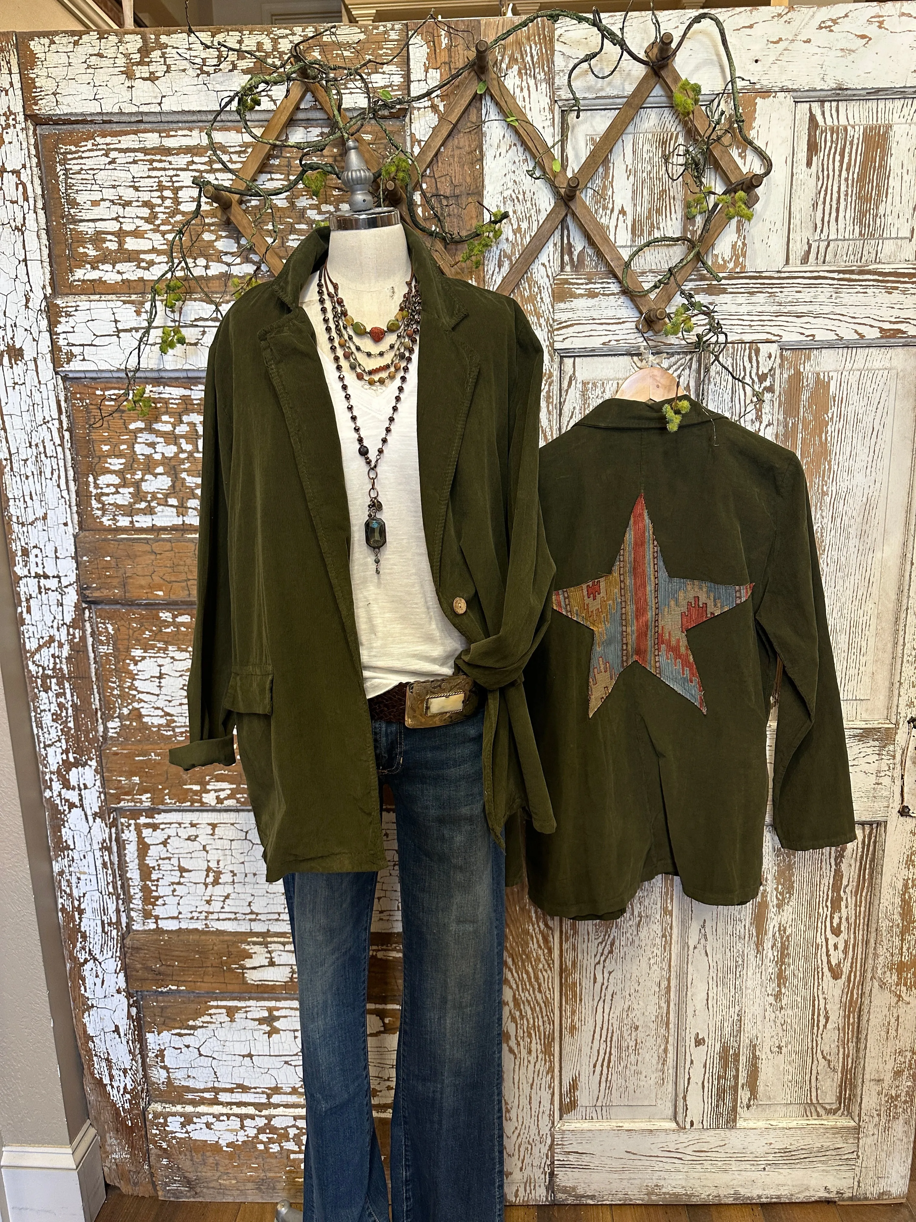 Olive Star Patch Micro Cord Blazer