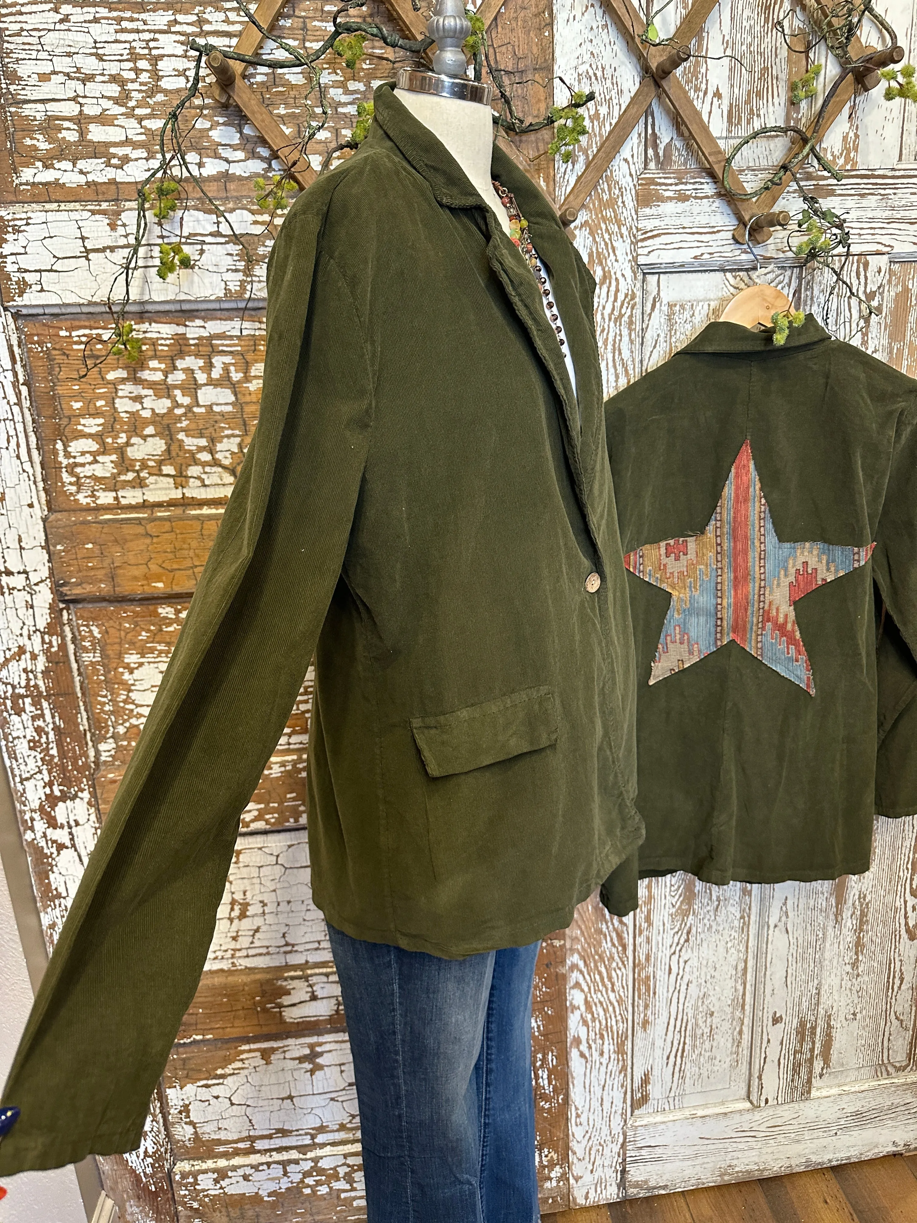 Olive Star Patch Micro Cord Blazer