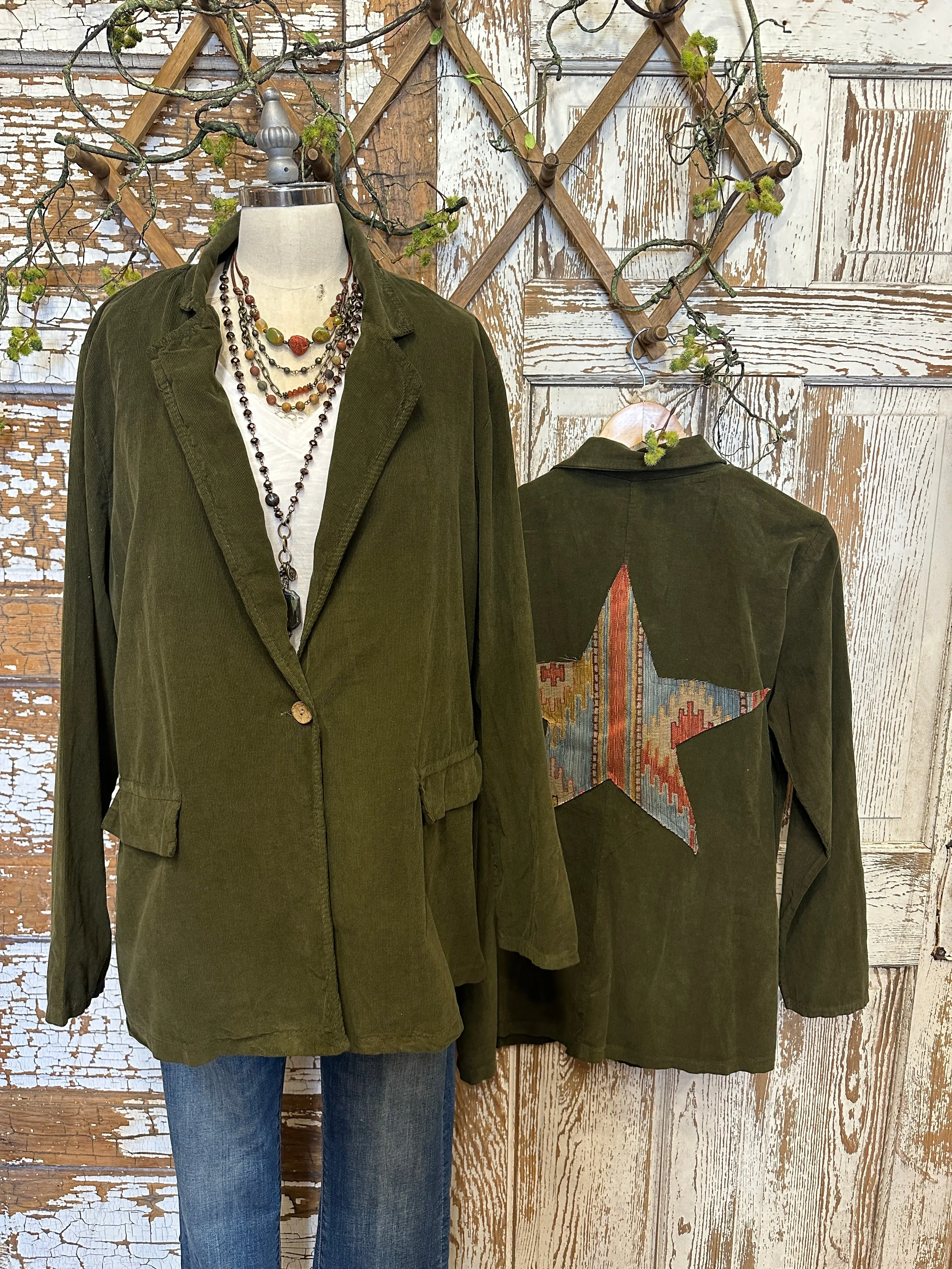 Olive Star Patch Micro Cord Blazer