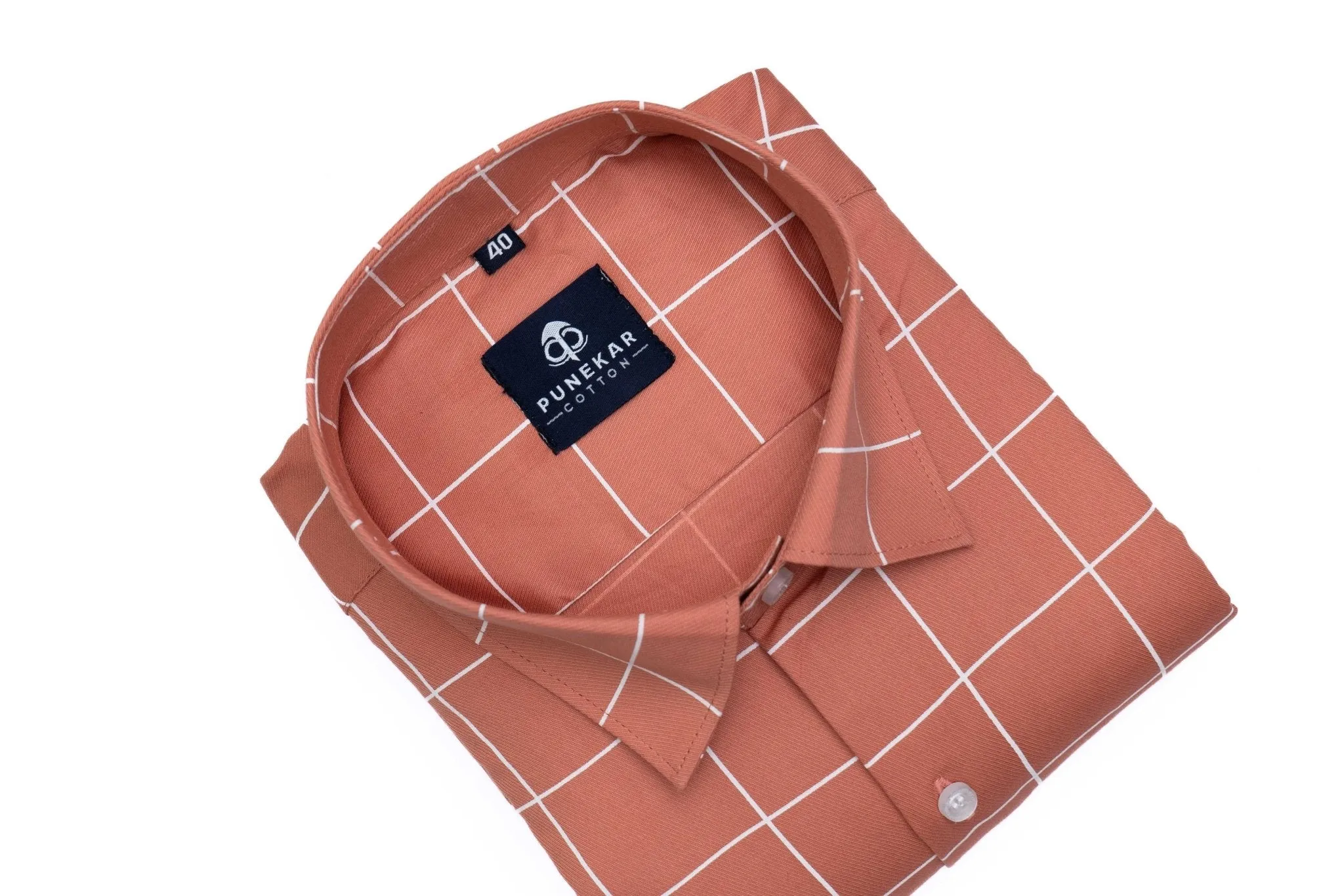 Orange Peach Color Big Checks Cotton Shirts For Men