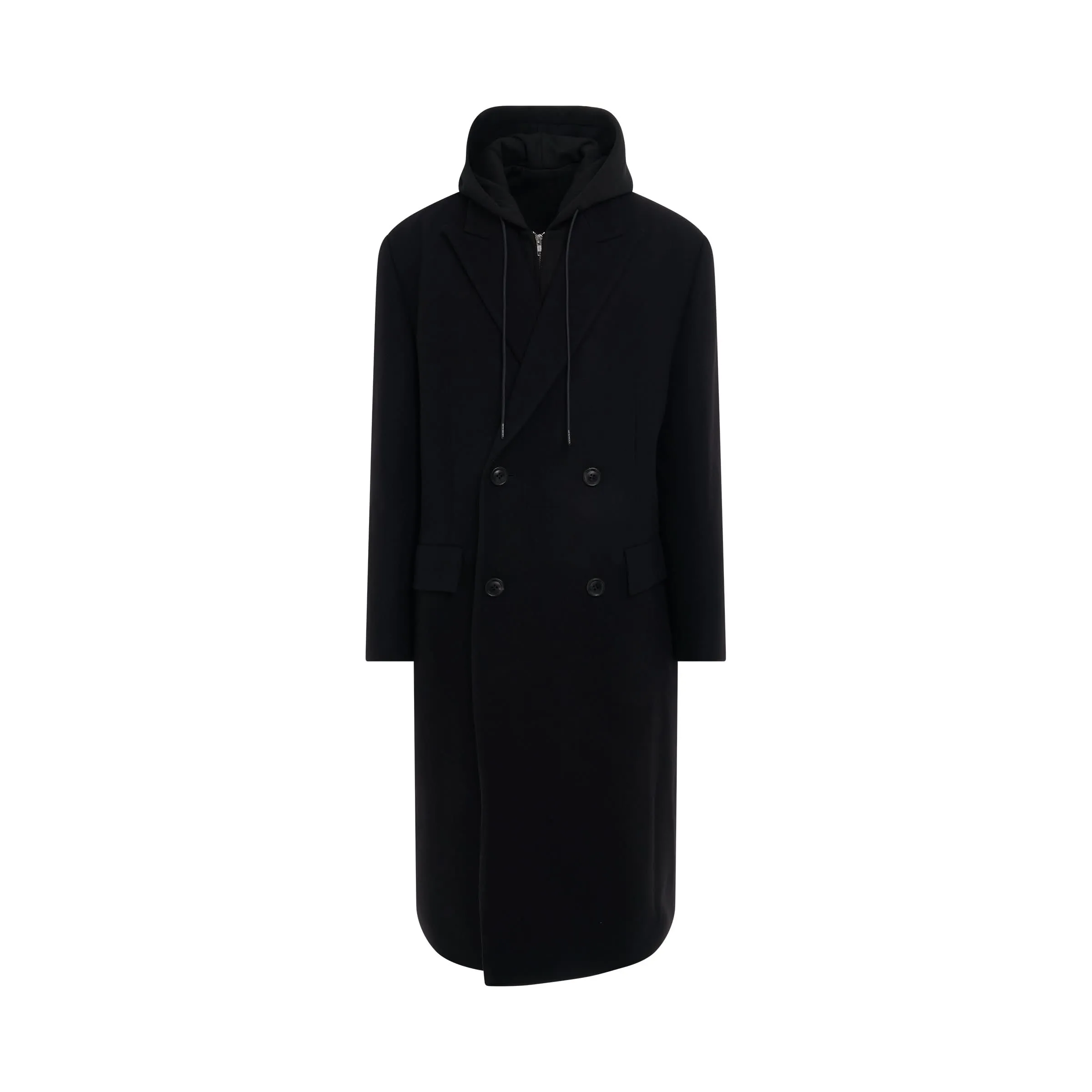 Over-Fit Jersey Hood Detachable Double Coat in Black