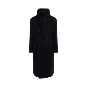 Over-Fit Jersey Hood Detachable Double Coat in Black