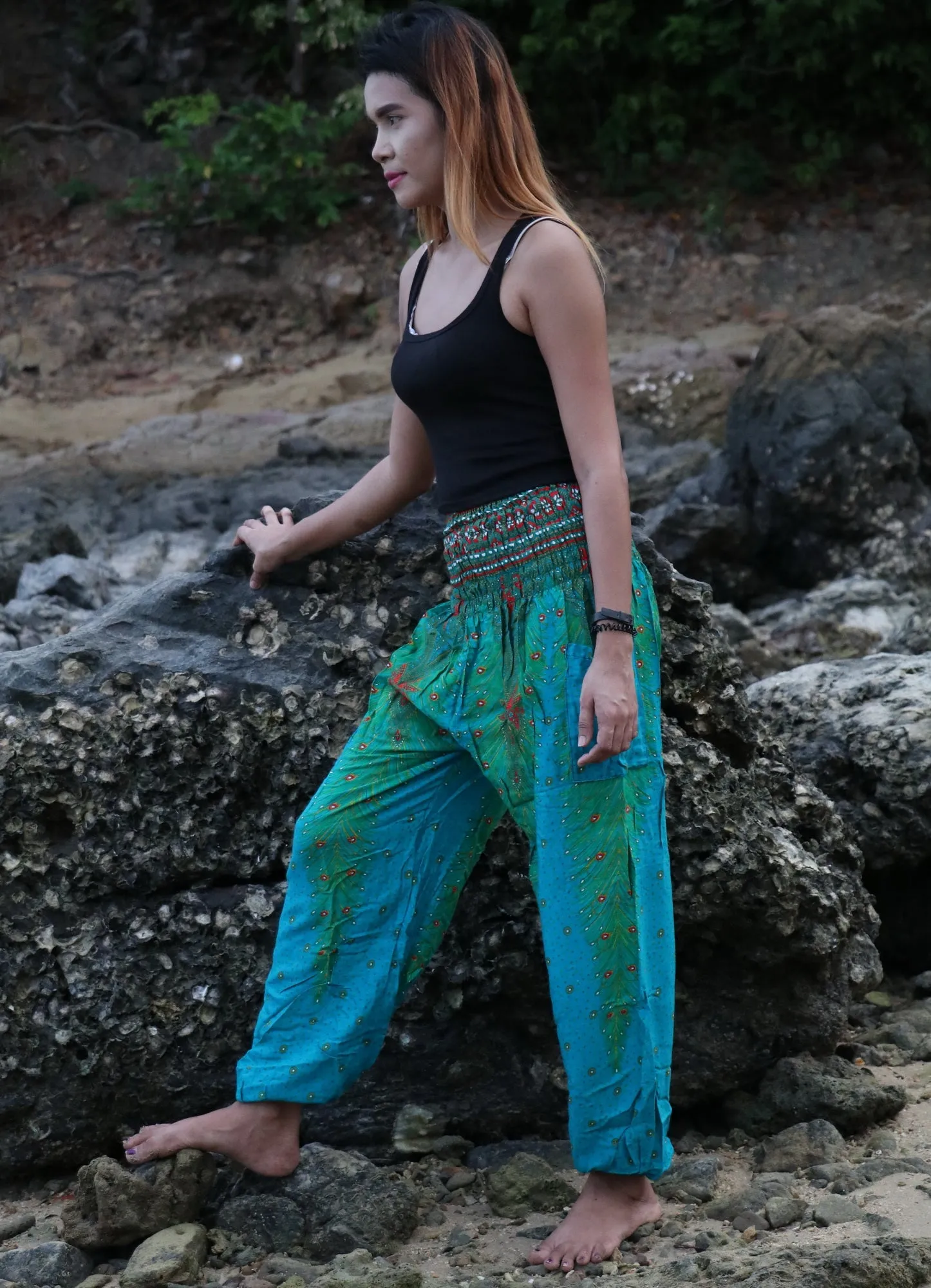 Peacock Feather Harem Pants Women - Smock Waist Yoga Pants