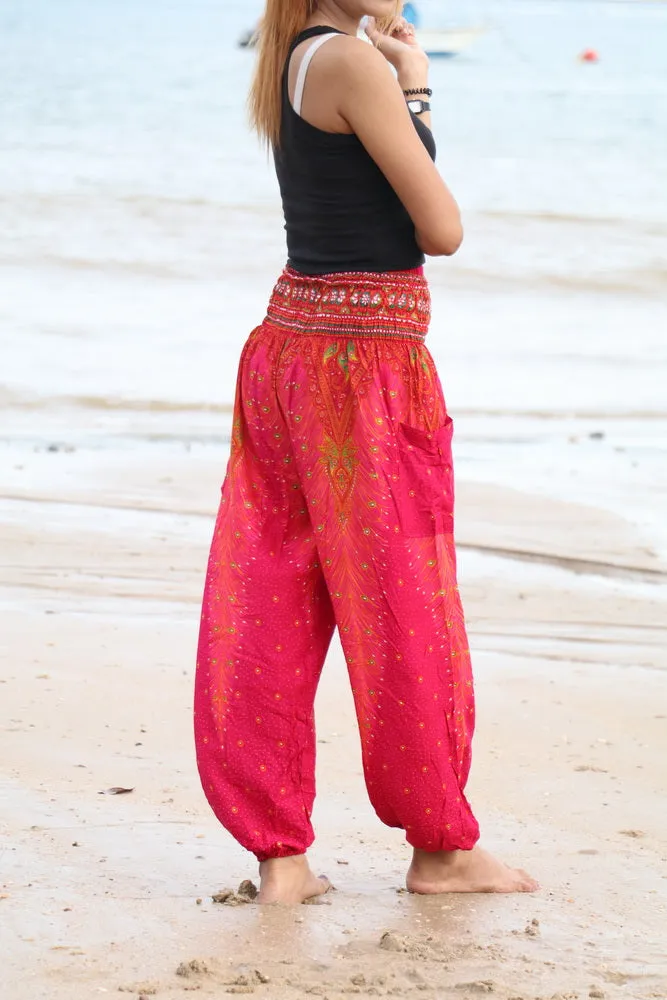 Peacock Feather Harem Pants Women - Smock Waist Yoga Pants