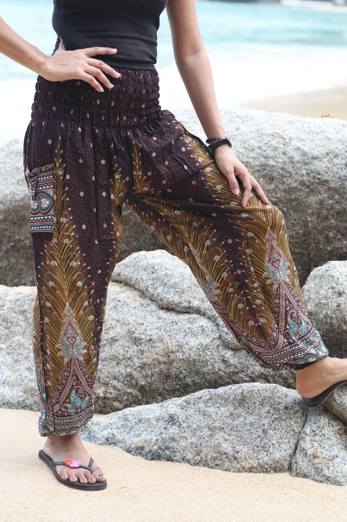 Peacock Feather Harem Pants Women - Smock Waist Yoga Pants