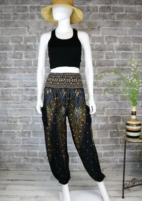 Peacock Feather Harem Pants Women - Smock Waist Yoga Pants