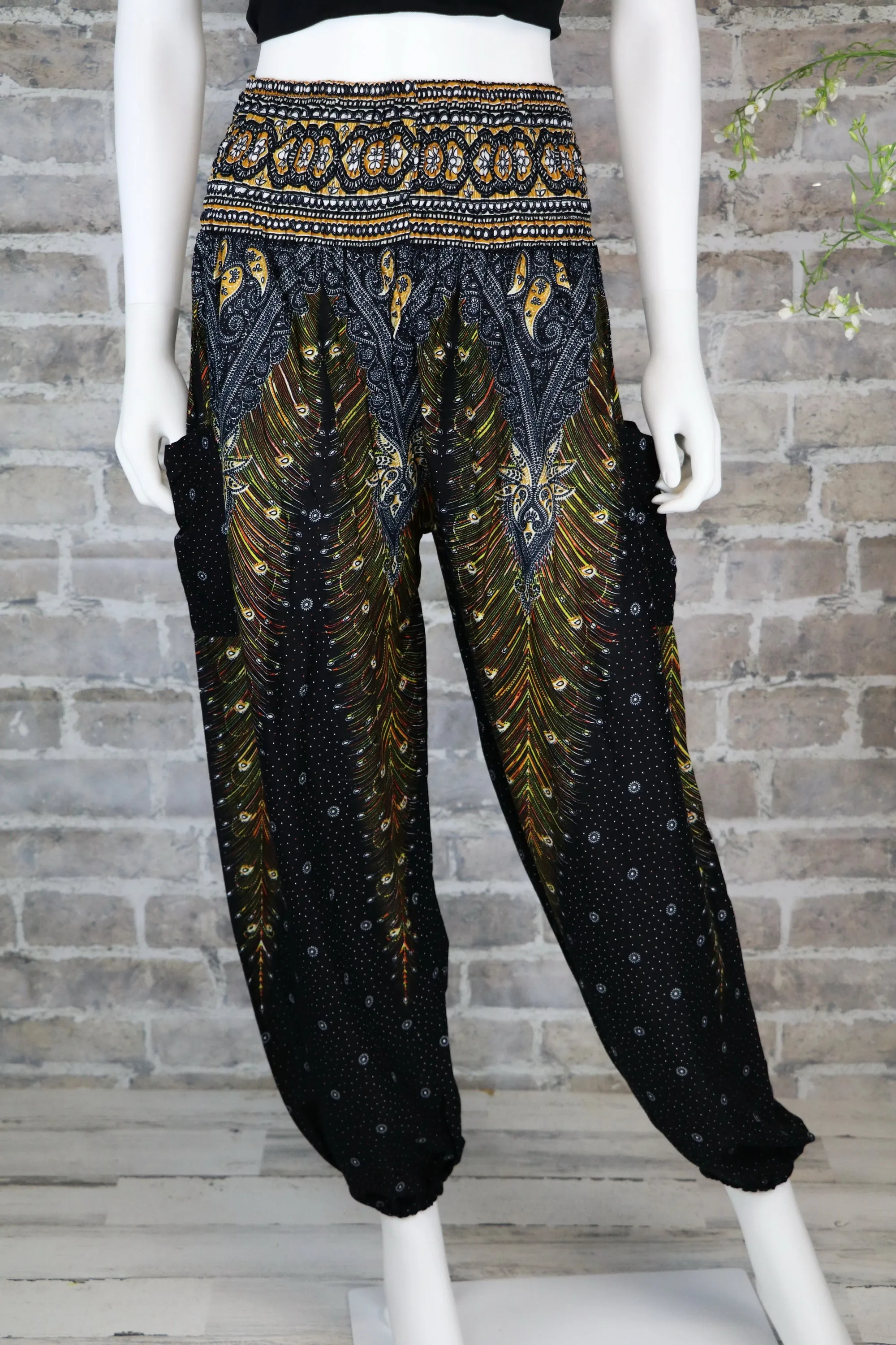 Peacock Feather Harem Pants Women - Smock Waist Yoga Pants