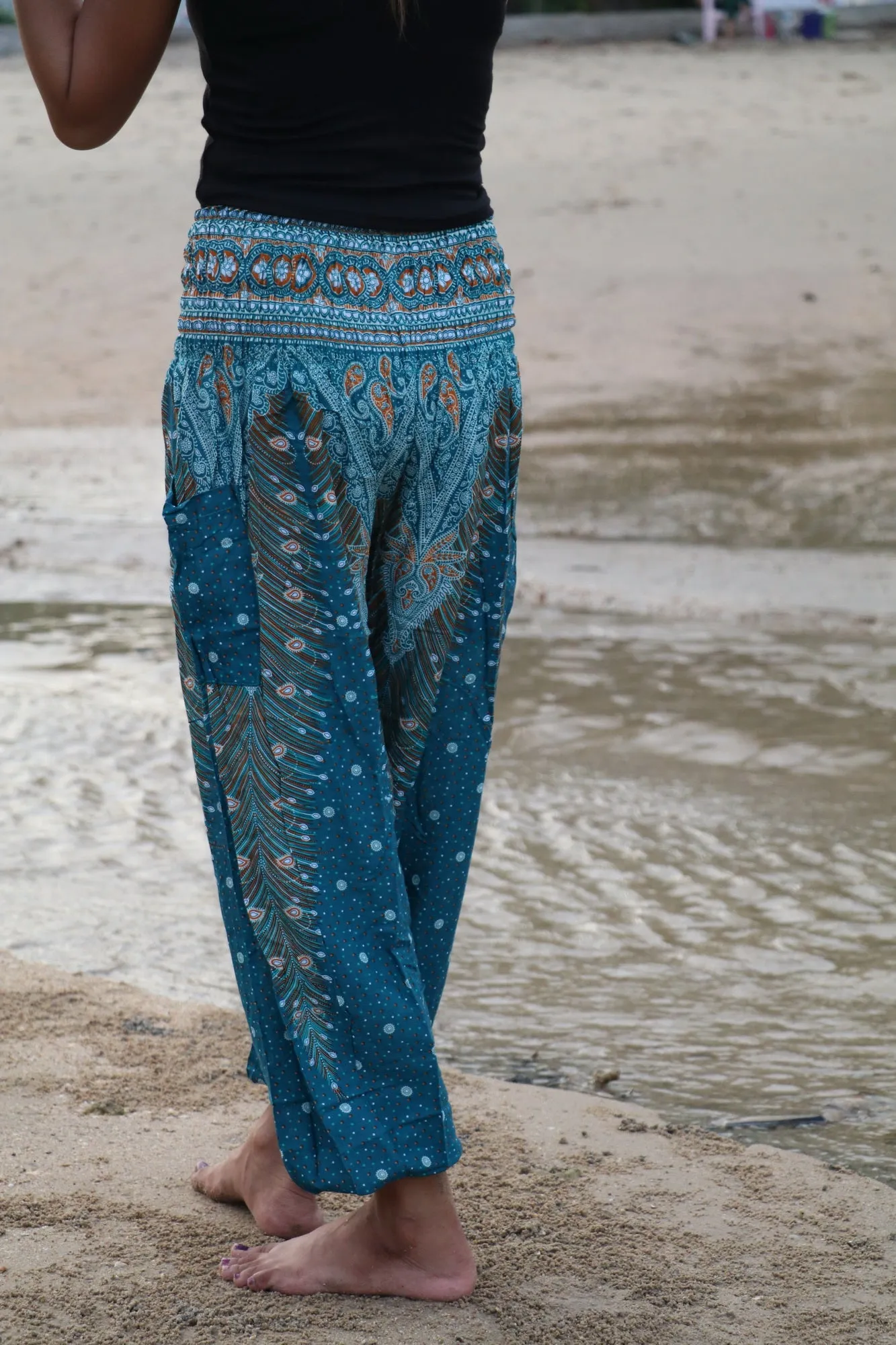 Peacock Feather Harem Pants Women - Smock Waist Yoga Pants