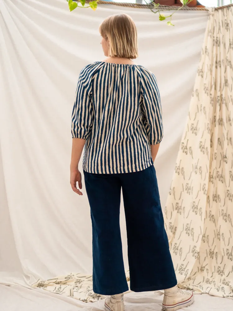 Peasant Top - Indigo Stripe & Hand Print